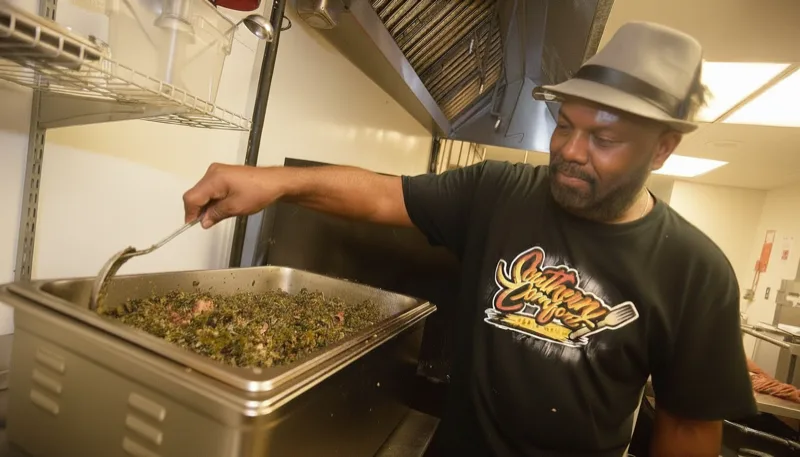 Southern Comfort chef preparing housemade collard greens in the kitchen