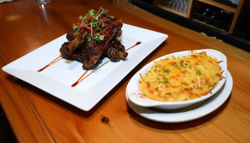 BBQ ribs with lobster mac and cheese